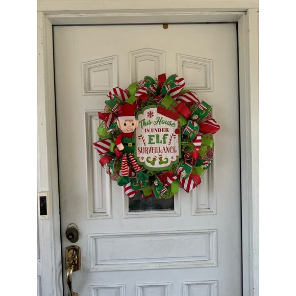 Elf Surveillance Christmas Wreath | Fun Elf Holiday Door Hanger Fireplace Decor - Picture 9 of 9
